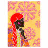 Black woman with a long braid across her shoulder. Colorful illustration in oranges, yellows and pinks.
