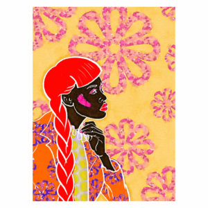 Black woman with a long braid across her shoulder. Colorful illustration in oranges, yellows and pinks.