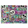 Colorful illustration of cartoon skulls, square shapes and circles
