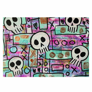 Colorful illustration of cartoon skulls, square shapes and circles