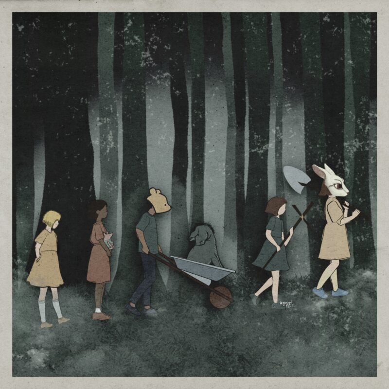 A group of children are marching through a misty woods at night. One child holds a shovel. Another child holds a cross. A third child pushes a wheelbarrow with a donkey inside.