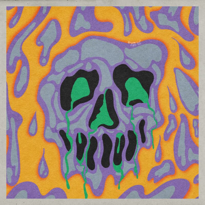 Purple, Yellow, Blue and green illustration of a slimy skull