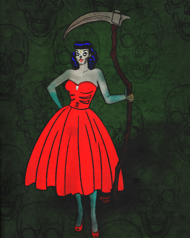 Illustration of a zombie girl holding a scythe