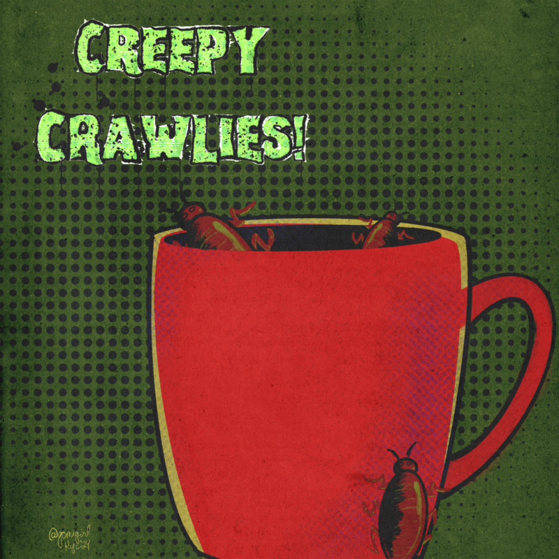 A red coffee mug against a grungy green background. Bugs are crawling out of the mug.