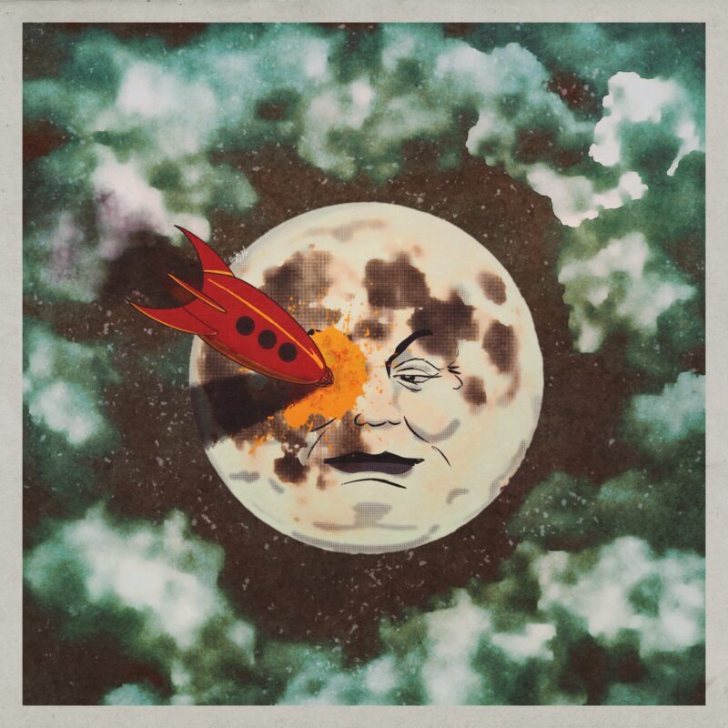 Illustration of the moon, with a rocket ship lodged in its face.