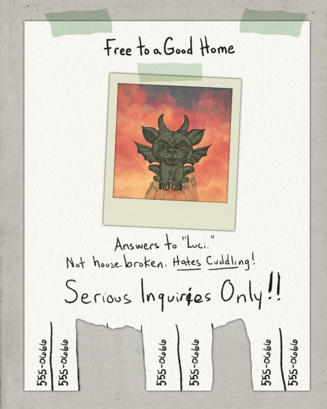 Illustration of a street poster advertising a pet, free to a good home. The Polaroid taped to the poster is of a small gargoyle sitting in flame.