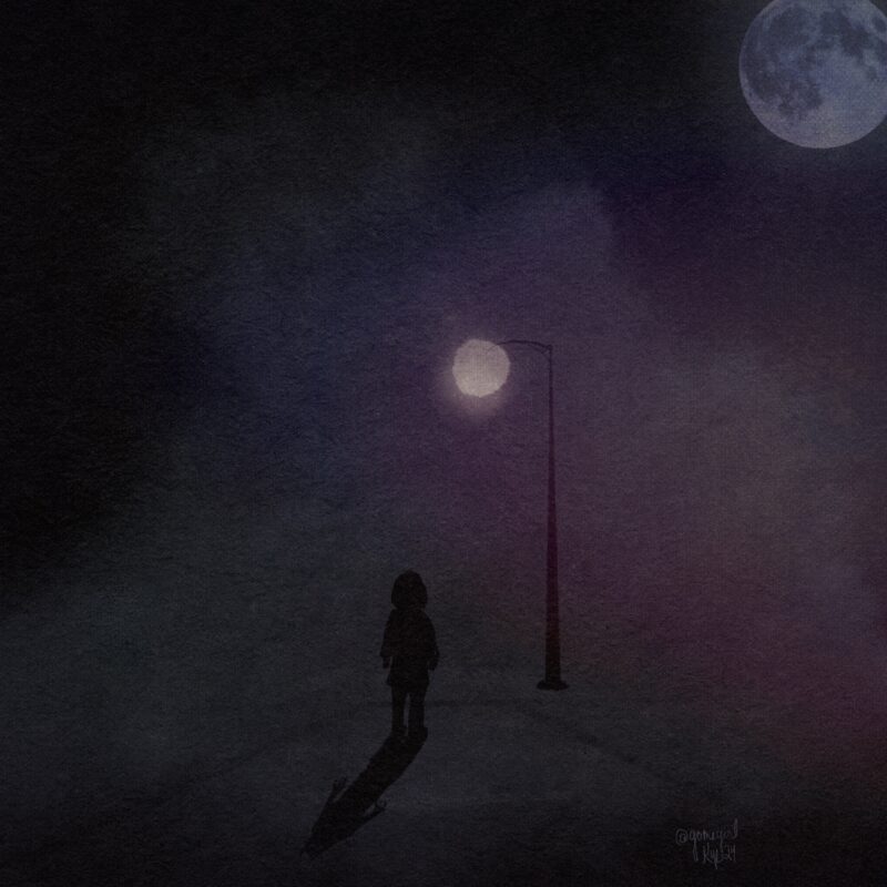 Dark grainy illustration of a small figure standing in the fog, lit by a street lamp