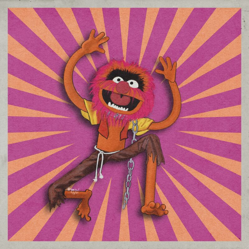 A colorful illustration of Animal from the muppets. He appears to be leaping from the page.