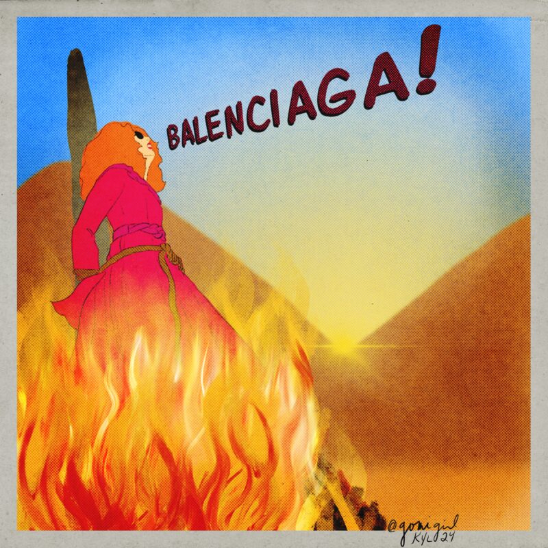 An illustration of Myrtle, from American Horror Story Coven. She is tied to the stake. As the flames engulf her, she cries “BLENCIAGA!”